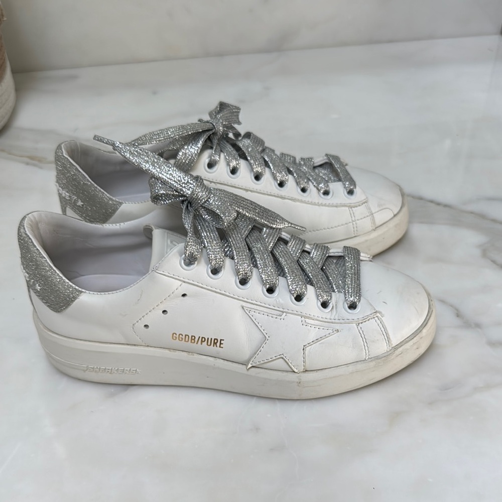 Golden Goose White and Silver Distressed Sneakers
